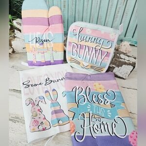 NEW Easter Bunny Pastel Kitchen Set - Oven Mitt, Potholder & 2 Towels